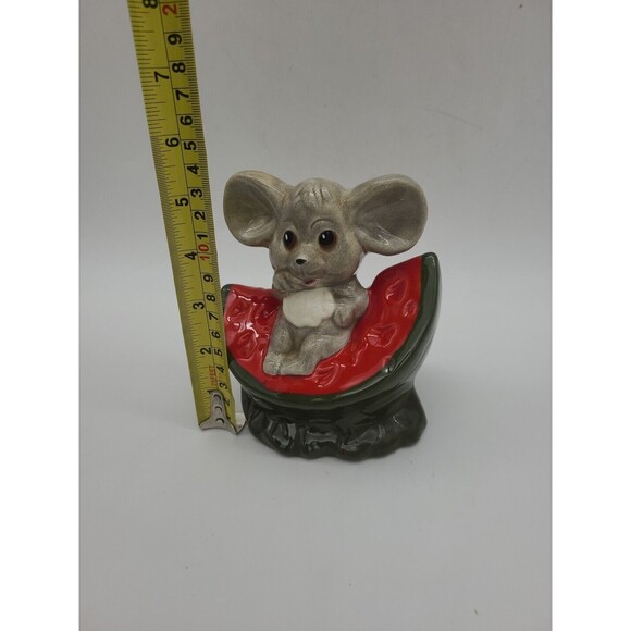 Vintage Mouse Sitting on Slice of Watermelon Ceramic Statue Signed 5" - Picture 10 of 11